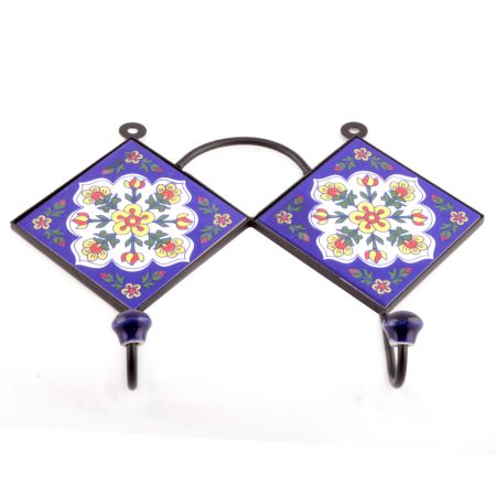 Navy Blue And White Floral CeramicTiles Hooks